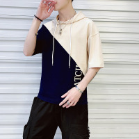 2025夏季短袖T恤男透气五分袖潮流男装休闲拼色连帽英文中袖T恤男