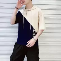 2025夏季短袖T恤男透气五分袖潮流男装休闲拼色连帽英文中袖T恤男