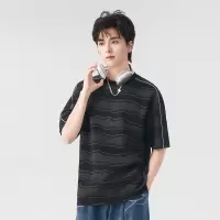 夏季波浪条纹圆领短袖T恤男韩版复古情侣宽松落肩款潮半袖打底衫