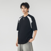 美式短袖T恤男士夏季插肩撞色潮流ins休闲运动宽松半袖打底衫男生