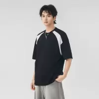 美式短袖T恤男士夏季插肩撞色潮流ins休闲运动宽松半袖打底衫男生