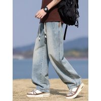 时尚元素牛仔阔腿裤男2025新款高街痞帅宽松直筒休闲春夏潮牌男装