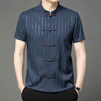 2025新款桑蚕丝中青年男士休闲条纹立领盘扣唐装夏季百搭短袖衬衫