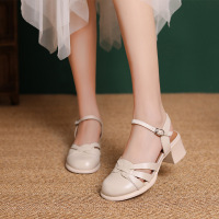 羊皮粗跟凉鞋新款夏季小众简约百搭一字扣带方头包头高跟鞋