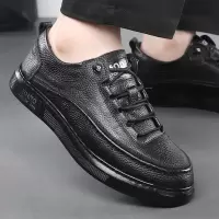 头层牛皮休闲男鞋子春季新款系带小白鞋柔软板鞋厚底简约真皮鞋男