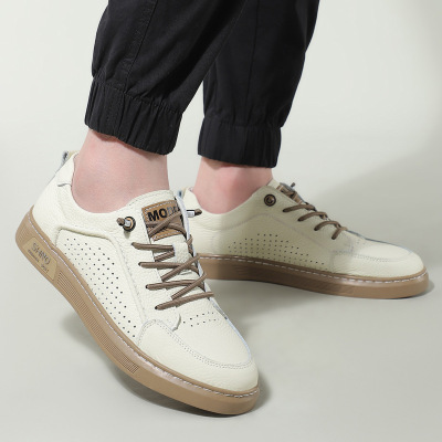 男鞋夏季新款镂空休闲鞋男士一脚蹬百搭潮流皮面运动板鞋