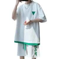 运动服套装男夏季短袖T恤套装刺绣休闲青年半袖T恤两件套