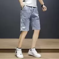 五分裤男士宽松中裤薄款复古水洗潮流直筒型系绳牛仔短裤