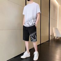 夏季新款套装青少年男渐变拼色字母圆领短休闲运动两件套