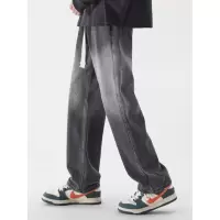 直筒抽绳牛仔裤男士春秋季款时尚美式渐变色长裤