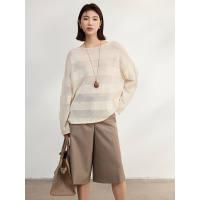 和纸纱一字领镂空针织衫女25新款慵懒条纹长袖空调罩衫春季上衣女