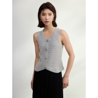 小众灰色无袖V领针织背心女2025春夏新款修身手工钩花马甲女外穿