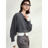 欧货小众假两件羊毛针织开衫女2025新款宽松洋气小个子短款外套女