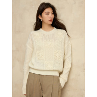美利奴 100羊毛钩花针织衫女装25春季新款亲肤圆领毛衣女单穿上衣