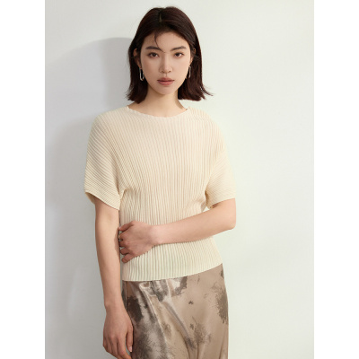 高级感 坑条醋酸针织衫女修身短袖棉T恤25新款清凉透气褶皱上衣女