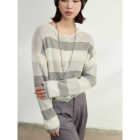 高级感条纹马海毛开衫女2025新款休闲宽松针织罩衫撞色春季上衣薄