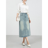 牛仔八分半身裙女2025年夏新款韩版中长款高腰开叉A字裙