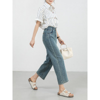 2025夏韩版宽松弹力直筒八分裤复古高腰窄版阔腿牛仔裤女