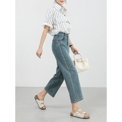2025夏韩版宽松弹力直筒八分裤复古高腰窄版阔腿牛仔裤女