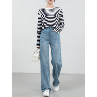 2025年夏季新款韩版宽松垂感直筒裤高腰牛仔阔腿拖地裤女