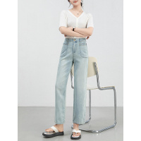 小个子显瘦百搭蓝色高腰直筒裤女夏季新款弹力九分牛仔裤