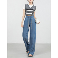 松紧高腰系带垂坠感冰丝裤2025年夏季丝莱赛尔阔腿长裤女