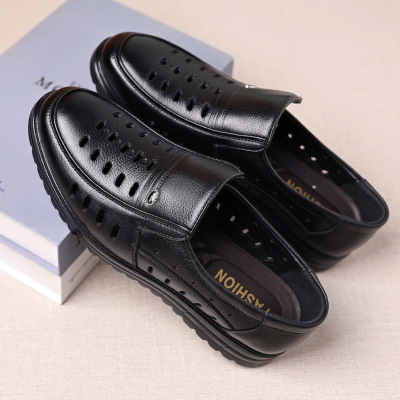 夏季镂空皮鞋男真皮休闲男士皮凉鞋一脚蹬中老年爸爸鞋洞洞鞋