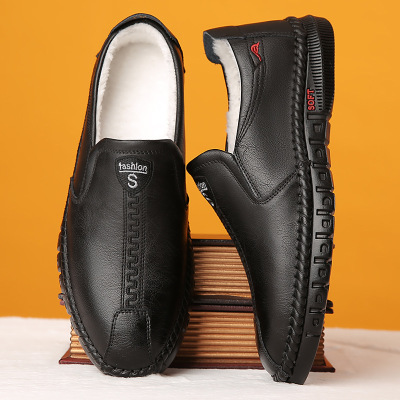 男士休闲皮鞋男潮流软底软面一脚蹬乐福鞋中老年爸爸加绒棉鞋