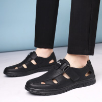 新款男士皮鞋清凉透气圆头套脚镂空真皮凉鞋鞋子