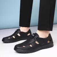 新款男士皮鞋清凉透气圆头套脚镂空真皮凉鞋鞋子