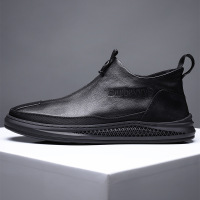 2025秋冬新款休闲皮鞋男士真皮潮流百搭厚底套脚侧拉链加绒小短靴