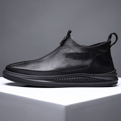 2025秋冬新款休闲皮鞋男士真皮潮流百搭厚底套脚侧拉链加绒小短靴