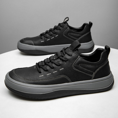 2025春季新款真皮男鞋潮流百搭皮鞋厚底防滑休闲鞋男士歪头小丑鞋