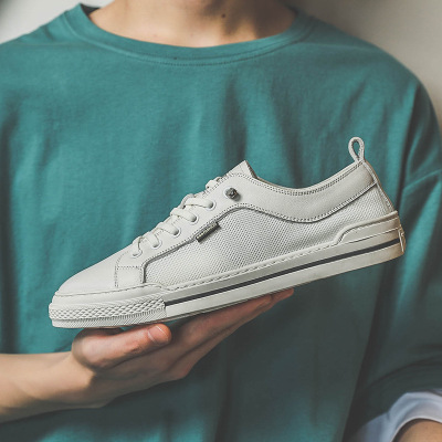 夏季新款男鞋潮流真皮圆头网面休闲鞋男士日常小白鞋透气板鞋