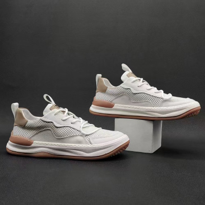 春夏季歪头小丑鞋男士镂空皮鞋厚底百搭潮流小白鞋真皮透气休闲鞋