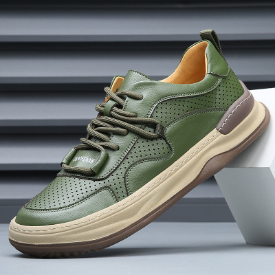 欧洲站2025新款春夏季男鞋透气小白鞋真皮运动潮流镂空休闲板鞋