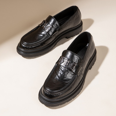 春季皮鞋男透气2025新款潮流英伦风厚底休闲鞋男士真皮一脚蹬男鞋