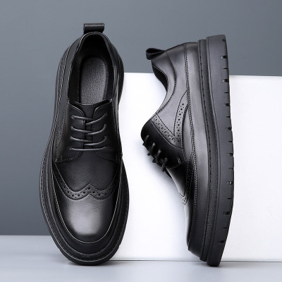 男鞋2025春季新款真皮布洛克花正装潮流男士厚底商务休闲皮鞋男