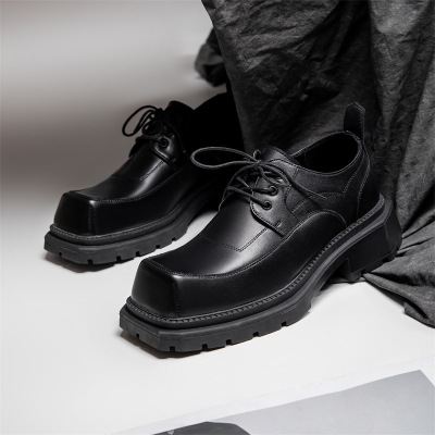 新款方头德比鞋男士商务休闲复古原创小众设计厚底增高ins小皮鞋