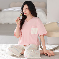 夏季女士纯棉睡衣韩版短袖七分裤全棉休闲宽松大码外穿家居服套装
