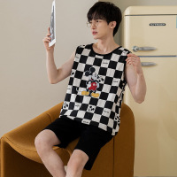 夏季男士棉质睡衣背心短裤两件套青少年卡通可爱大码家居服可外穿