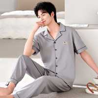 纯棉睡衣男夏季薄款短袖开衫长裤纯色宽松休闲外穿全棉家居服套装