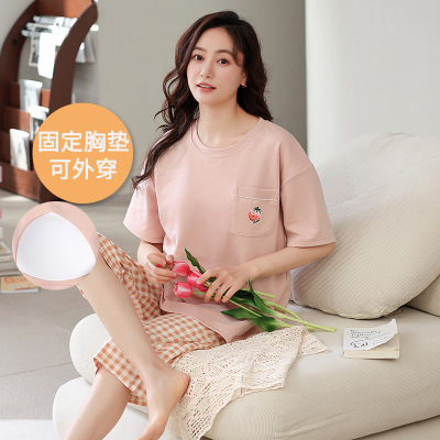 女士夏季带胸垫棉质睡衣短袖七分裤套装休闲宽松可外穿家居服大码