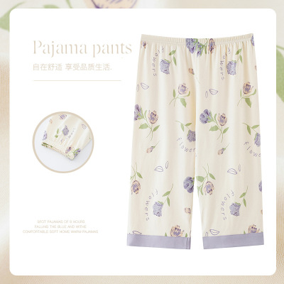 女士夏季棉质七分裤可爱卡通印花睡裤青少年夏天可外穿空调裤大码