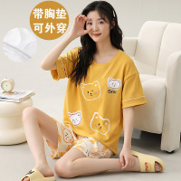 带胸垫棉质睡衣女夏季短袖短裤薄款家居服套装夏天休闲可外穿套装