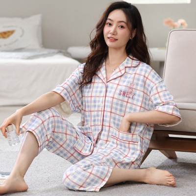 睡衣女夏季棉质薄款短袖七分裤两件套宽松加大码开衫可外穿家居服