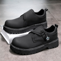 男士四季百搭日常舒适厚底低跟纯色时尚车圆头缝线休闲皮鞋德比鞋