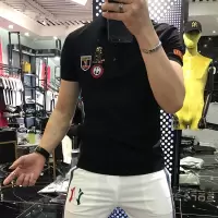 夏季新款欧洲站潮牌徽章字母亮片刺绣短袖个性T恤POLO衫男潮