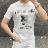 夏季新T恤男装圆领上衣修身烫钻小熊丝光棉黑色衣服潮ins