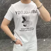 夏季新T恤男装圆领上衣修身烫钻小熊丝光棉黑色衣服潮ins